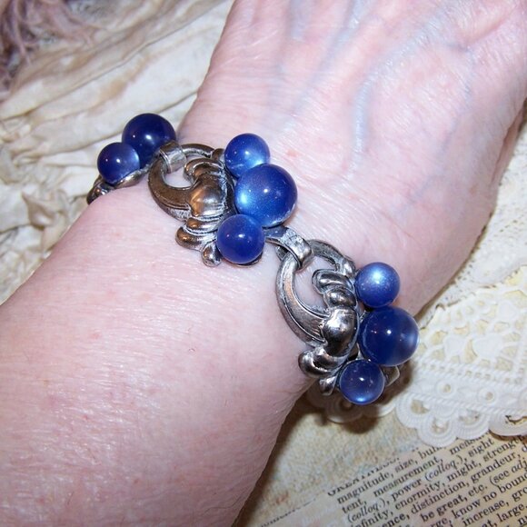 Taylord Sterling Silver Blue Moonglow Bead Link Bracelet - 7.25" Long - Picture 2 of 9